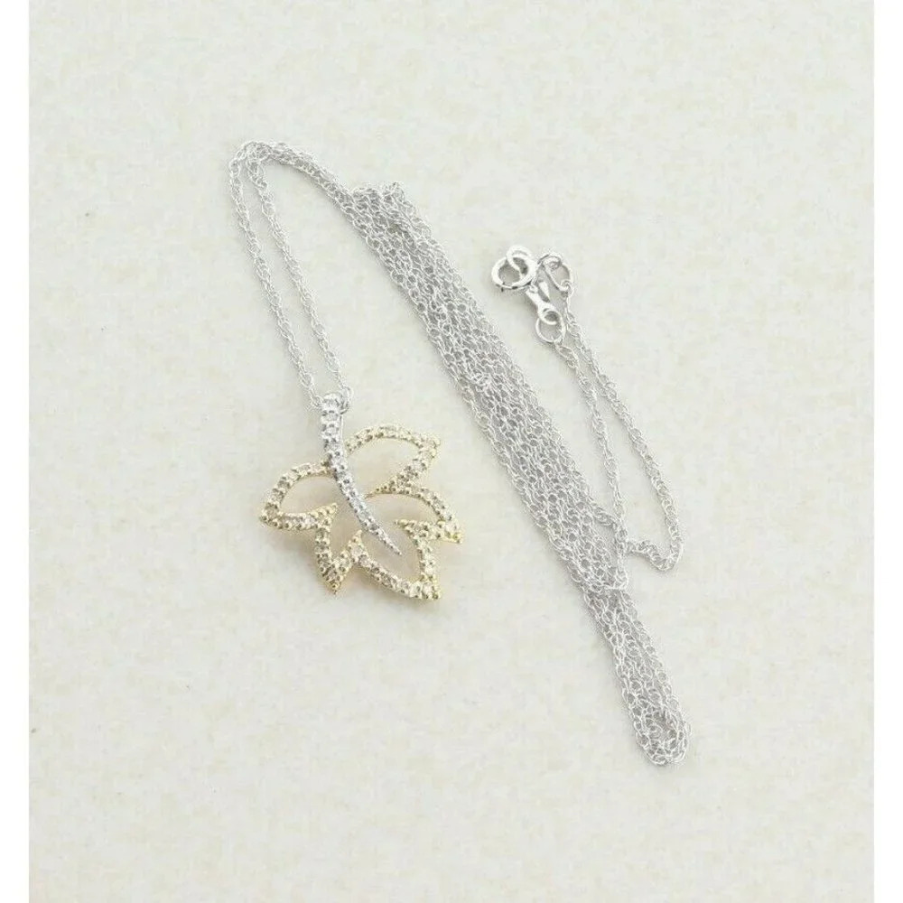 14k White Gold and Yellow Gold Diamond Necklace Leaf Necklace 18 inch chain - Picture 4 of 7